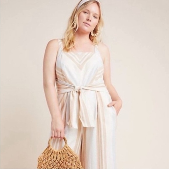 Anthropologie Savannah Jumpsuit Stripe Linen Tan White Neutral Wide Crop Leg 14 - Picture 2 of 16